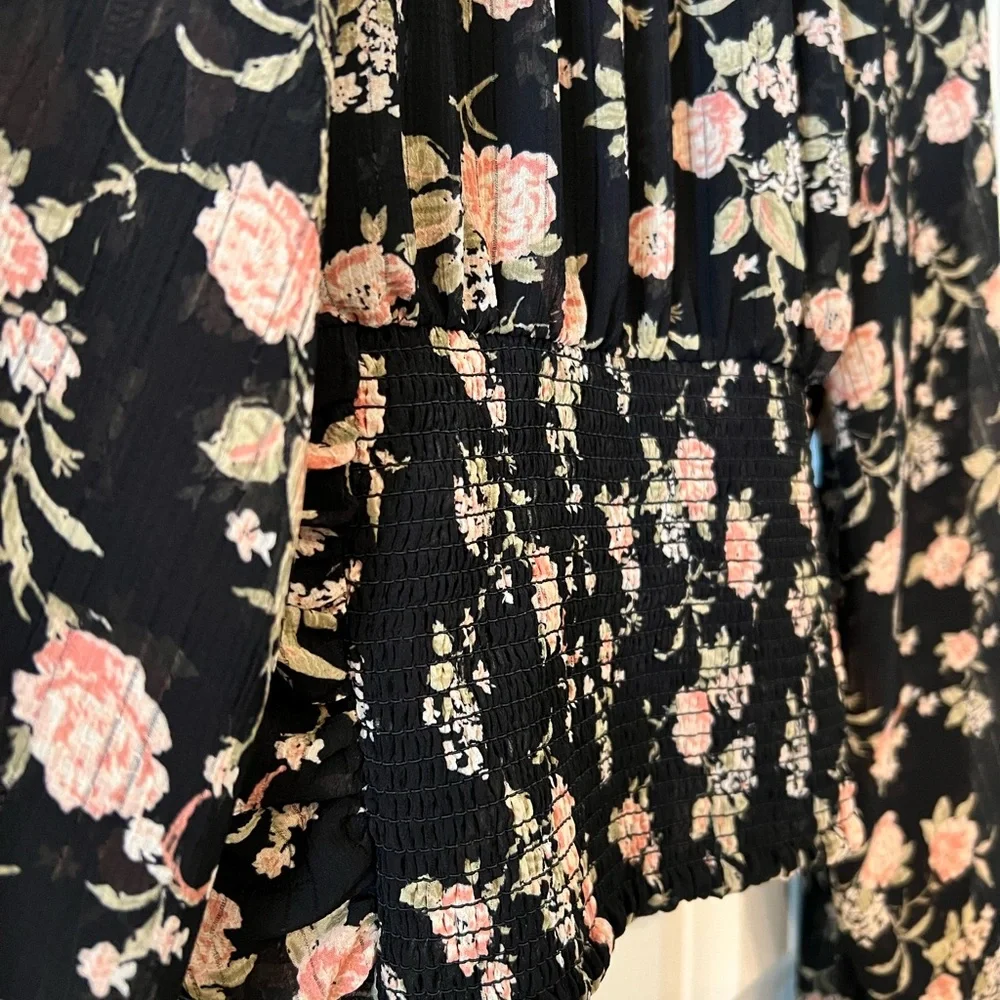 Free People Final Rose Blouse in Black Pink Size Small Balloon Sleeves